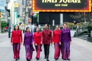 air india crew strolled the busy sidewalks of times square